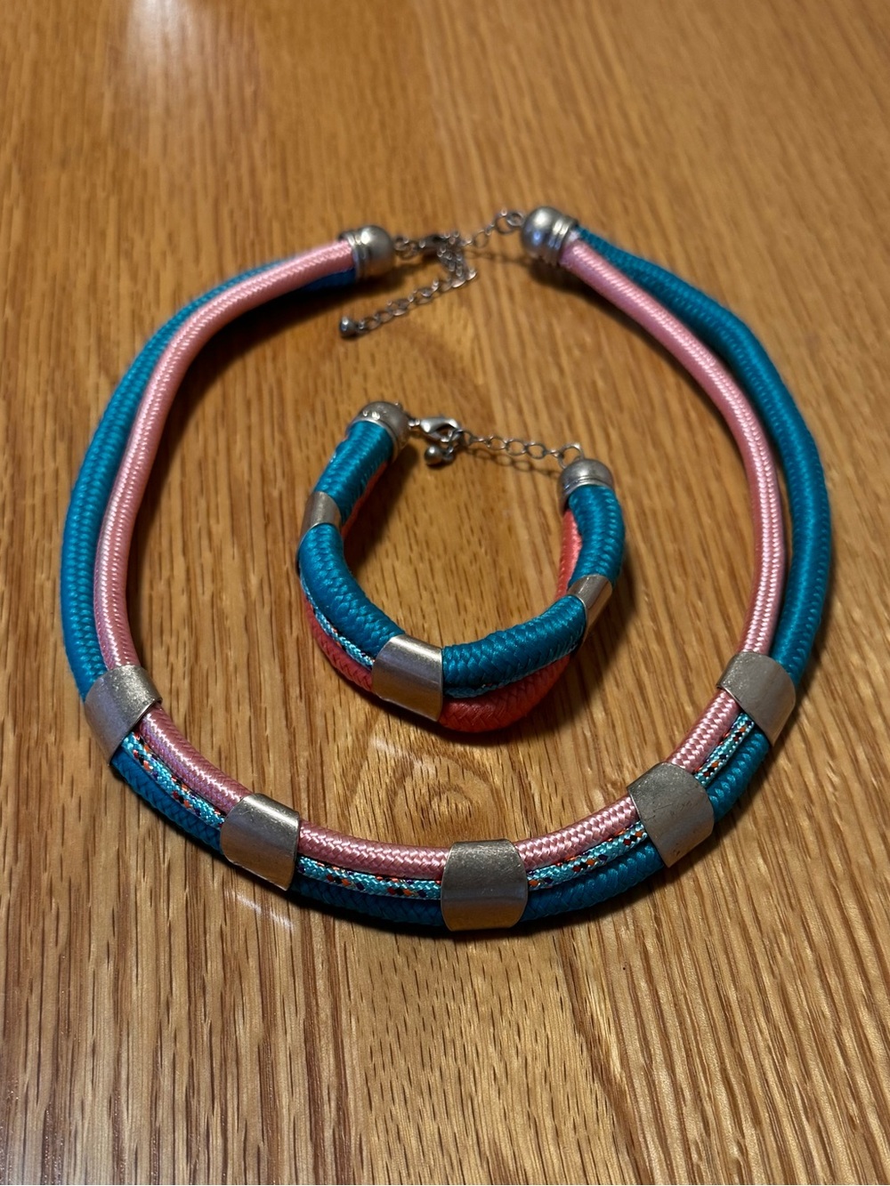 Old Navy Teal and Pink Multi-Strand Necklace & Bracelet Set